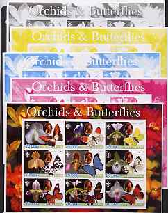 Afghanistan 2003 Orchids & Butterflies (with baden Powell) sheetlet containing 9 values - the set of 5 imperf progressive proofs comprising the 4 individual colours plus ...