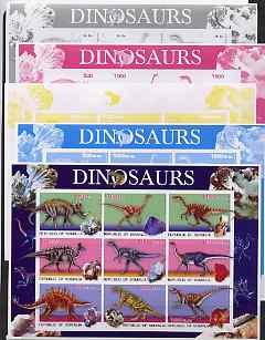 Somalia 2003 Dinosaurs & Minerals sheetlet containing 9 values - the set of 5 imperf progressive proofs comprising the 4 individual colours plus all 4-colour composite, u..., stamps on dinosaurs, stamps on minerals