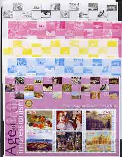 Uzbekistan 2002 Age of Impressionism - Pierre Auguste Renoir large sheetlet containing 6 values (Rotary Logo in margin) - the set of 5 progressive proofs comprising the 4..., stamps on arts, stamps on renoir, stamps on rotary