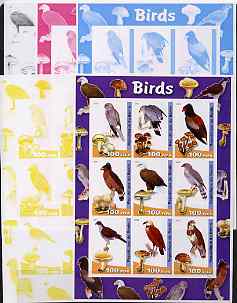 Benin 2003 Birds & Fungi large sheetlet containing set of 9 values - the set of 5 imperf progressive proofs comprising the 4 individual colours plus all 4-colour composite, unmounted mint , stamps on , stamps on  stamps on birds, stamps on  stamps on birds of prey, stamps on  stamps on fungi