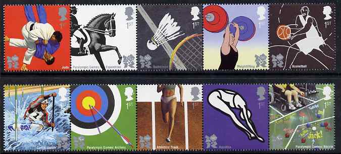 Great Britain 2009 Olympic Sports #1 perf set of 10 (2 se-tenant strips of 5) unmounted mint , stamps on , stamps on  stamps on sport, stamps on  stamps on olympics, stamps on  stamps on rowing, stamps on  stamps on archery, stamps on  stamps on running, stamps on  stamps on diving, stamps on  stamps on disabled, stamps on  stamps on judo, stamps on  stamps on horses, stamps on  stamps on badminton, stamps on  stamps on weights, stamps on  stamps on weight lifting, stamps on  stamps on basketball, stamps on  stamps on martial arts