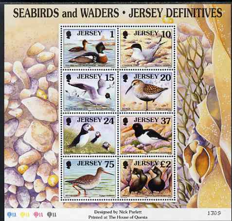 Jersey 1997-99 Seabirds & Waders perf m/sheet #1 containing 8 values (1p, 10p, 15p, 20p, 24p, 37p, 75p & \A32) unmounted mint SG MS 806a, stamps on birds, stamps on puffins, stamps on terns, stamps on gulls, stamps on shags