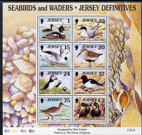 Jersey 1997-99 Seabirds & Waders perf m/sheet #1 containing 8 values (1p, 10p, 15p, 20p, 24p, 37p, 75p & A32) unmounted mint SG MS 806a, stamps on , stamps on  stamps on birds, stamps on  stamps on puffins, stamps on  stamps on terns, stamps on  stamps on gulls, stamps on  stamps on shags