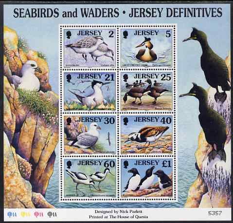 Jersey 1997-99 Seabirds & Waders perf m/sheet #2 containing 8 values (2p, 5p, 21p, 25p, 30p, 40p, 60p & A31) unmounted mint SG MS 806b, stamps on , stamps on  stamps on birds, stamps on  stamps on terns, stamps on  stamps on geese, stamps on  stamps on 