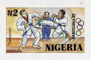 Nigeria 1992 Barcelona Olympic Games (1st issue) - original hand-painted artwork for N2 value (Taekwondo) by Godrick N Osuji, on card 9x5 endorsed A1, stamps on olympics   sport   martial-arts