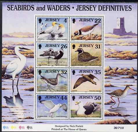 Jersey 1997-99 Seabirds & Waders perf m/sheet #3 containing 8 values (4p, 22p, 26p, 31p, 32p, 35p, 44p & 50p) unmounted mint SG MS 806c, stamps on birds, stamps on plovers, stamps on gulls