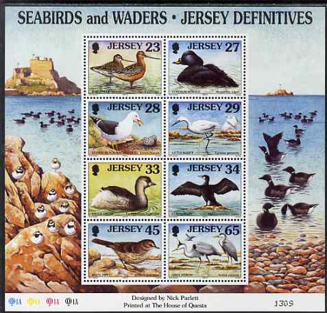 Jersey 1997-99 Seabirds & Waders perf m/sheet #4 containing 8 values (23p, 27p, 28p, 29p, 33p, 34p, 45p & 65p) unmounted mint SG MS 806d, stamps on birds, stamps on gulls, stamps on egrets, stamps on grebes, stamps on cormorants, stamps on herons