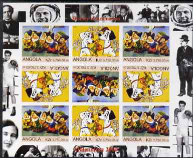 Angola 2000 Millennium 2000 - History of Animation #1 imperf sheetlet containing 9 values (in tete-beche format) unmounted mint. Note this item is privately produced and is offered purely on its thematic appeal (Disney Characters with Elvis, Chaplin, Beatles, Gershwin, N Armstrong etc in margins), stamps on , stamps on  stamps on millennium, stamps on  stamps on entertainments, stamps on  stamps on films, stamps on  stamps on cinema, stamps on  stamps on movies, stamps on  stamps on disney, stamps on  stamps on elvis, stamps on  stamps on chaplin, stamps on  stamps on apollo, stamps on  stamps on composers, stamps on  stamps on pops, stamps on  stamps on beatles