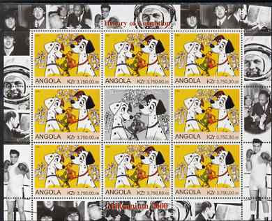 Angola 2000 Millennium 2000 - History of Animation #2 perf sheetlet containing 8 values plus label unmounted mint (Disney 101 Dalmations with Elvis, Beatles, Gershwin, N Armstrong etc in margins), stamps on , stamps on  stamps on millennium, stamps on  stamps on entertainments, stamps on  stamps on films, stamps on  stamps on cinema, stamps on  stamps on movies, stamps on  stamps on disney, stamps on  stamps on elvis, stamps on  stamps on apollo, stamps on  stamps on composers, stamps on  stamps on pops, stamps on  stamps on beatles, stamps on  stamps on boxing