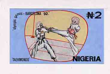 Nigeria 1992 Barcelona Olympic Games (1st issue) - original hand-painted artwork for N2 value (Taekwondo) by NSP&MCo Staff Artist Clement O Ogbebor, on card 9x5 , stamps on , stamps on  stamps on olympics   sport    martial-arts