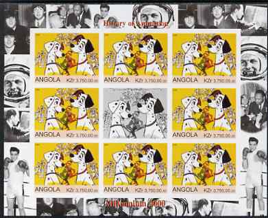 Angola 2000 Millennium 2000 - History of Animation #2 imperf sheetlet containing 8 values plus label unmounted mint. Note this item is privately produced and is offered purely on its thematic appeal (Disney 101 Dalmations with Elvis, Beatles, Gershwin, N Armstrong etc in margins), stamps on millennium, stamps on entertainments, stamps on films, stamps on cinema, stamps on movies, stamps on disney, stamps on elvis, stamps on apollo, stamps on composers, stamps on pops, stamps on beatles, stamps on boxing
