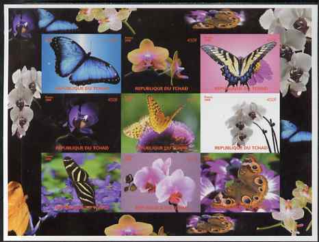 Chad 2008 Butterflies & Orchids imperf sheetlet containing set of 9 values unmounted mint, stamps on , stamps on  stamps on butterflies, stamps on  stamps on orchids, stamps on  stamps on flowers