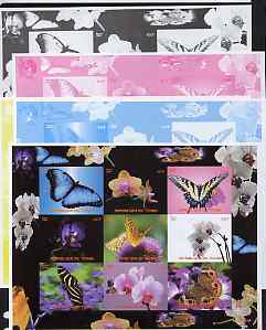 Chad 2008 Butterflies & Orchids sheetlet containing set of 9 values - the set of 5 imperf progressive proofs comprising the 4 individual colours plus all 4-colour composite, unmounted mint, stamps on , stamps on  stamps on butterflies, stamps on  stamps on orchids, stamps on  stamps on flowers