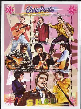 Chad 1999 Elvis Presley perf sheetlet containing 9 values unmounted mint, stamps on films, stamps on cinema, stamps on entertainments, stamps on personalities, stamps on eivis, stamps on music