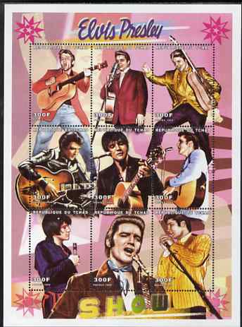 Chad 1999 Elvis Presley perf sheetlet containing 9 values unmounted mint, stamps on , stamps on  stamps on films, stamps on  stamps on cinema, stamps on  stamps on entertainments, stamps on  stamps on personalities, stamps on  stamps on eivis, stamps on  stamps on music