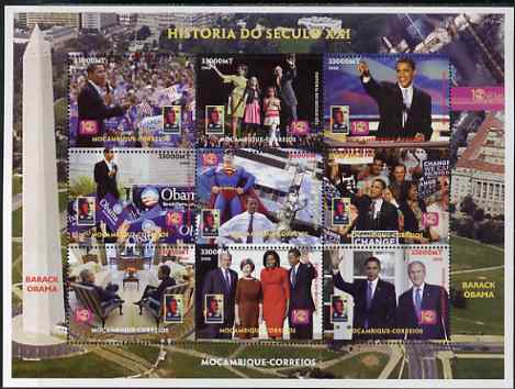 Mozambique 2008 History of the 21st Century perf sheetlet containing 9 values unmounted mint,, stamps on , stamps on  stamps on personalities, stamps on  stamps on satellites, stamps on  stamps on obama, stamps on  stamps on usa president, stamps on  stamps on americana