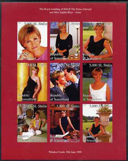 Somaliland 1999 Royal Wedding (Edward & Sophie) imperf sheetlet containing set of 9 values unmounted mint, stamps on royalty, stamps on edward, stamps on sophie