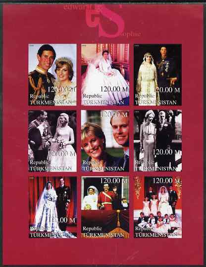 Turkmenistan 1999 Royal Wedding (Edward & Sophie) imperf sheetlet containing set of 9 values unmounted mint, stamps on , stamps on  stamps on royalty, stamps on  stamps on edward, stamps on  stamps on sophie, stamps on  stamps on diana, stamps on  stamps on charles, stamps on  stamps on anne, stamps on  stamps on 