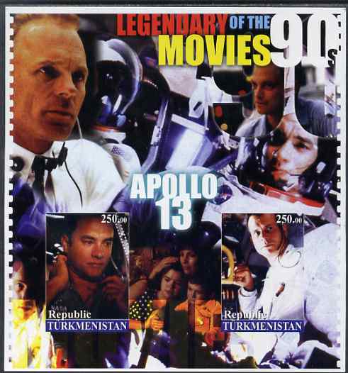 Turkmenistan 2002 Legendary Movies of the '90's - Apollo 13, large imperf sheetlet containing 2 values unmounted mint, stamps on , stamps on  stamps on films, stamps on  stamps on cinema, stamps on  stamps on movies, stamps on  stamps on personalities, stamps on  stamps on entertainments, stamps on  stamps on space