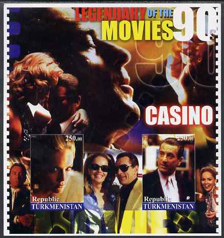 Turkmenistan 2002 Legendary Movies of the 90s - Casino, large imperf sheetlet containing 2 values unmounted mint, stamps on films, stamps on cinema, stamps on movies, stamps on personalities, stamps on entertainments, stamps on 