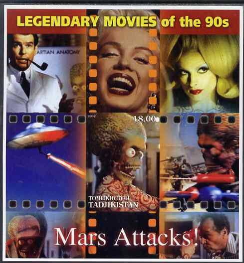 Tadjikistan 2002 Legendary Movies of the '90's - Mars Attacks, large imperf sheetlet containing 1 value unmounted mint (also shows Marilyn Monroe) unmounted mint, stamps on , stamps on  stamps on films, stamps on  stamps on cinema, stamps on  stamps on movies, stamps on  stamps on personalities, stamps on  stamps on entertainments, stamps on  stamps on marilyn, stamps on  stamps on marilyn monroe