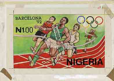 Nigeria 1992 Barcelona Olympic Games (1st issue) - original hand-painted artwork for N1 value (Running) by Godrick N Osuji as issued on card 8.5x5 endorsed C1, stamps on olympics   sport    running