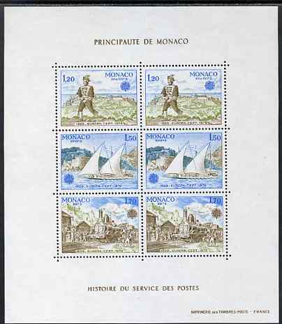Monaco 1979 Europa sheetlet containing two sets of three unmounted mint, SG MS 1398, stamps on europa, stamps on railways, stamps on sailing, stamps on postman