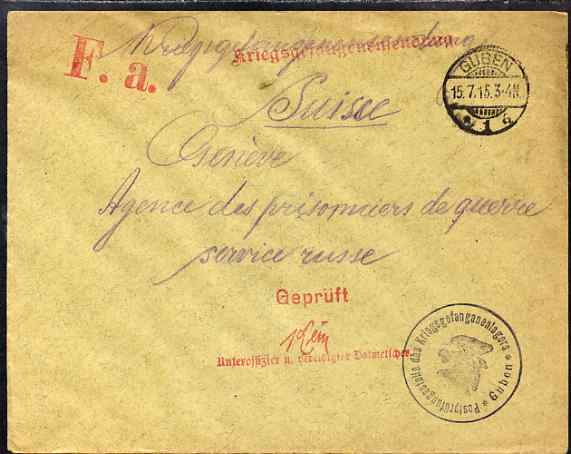 Germany 1915 cover from POW Camp at Guben to Prisoner of War Agency in Geneva, Switzerland with red censor handstamp and Guben POW cachet in black, stamps on , stamps on  stamps on red cross, stamps on  stamps on  ww1 , stamps on  stamps on militaria