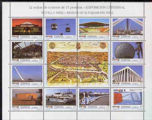 Spain 1992 Expo 92 perf sheetlet containing 12 x 17p values plus 4 labels unmounted mint SG 3148a, stamps on exhibitions, stamps on railways, stamps on ships, stamps on bridges, stamps on 