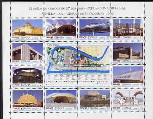 Spain 1992 Expo 92 perf sheetlet containing 12 x 27p values plus 4 labels unmounted mint SG 3160a, stamps on exhibitions, stamps on railways, stamps on theatres, stamps on 