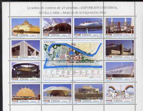 Spain 1992 Expo 92 perf sheetlet containing 12 x 27p values plus 4 labels unmounted mint SG 3160a, stamps on , stamps on  stamps on exhibitions, stamps on  stamps on railways, stamps on  stamps on theatres, stamps on  stamps on 