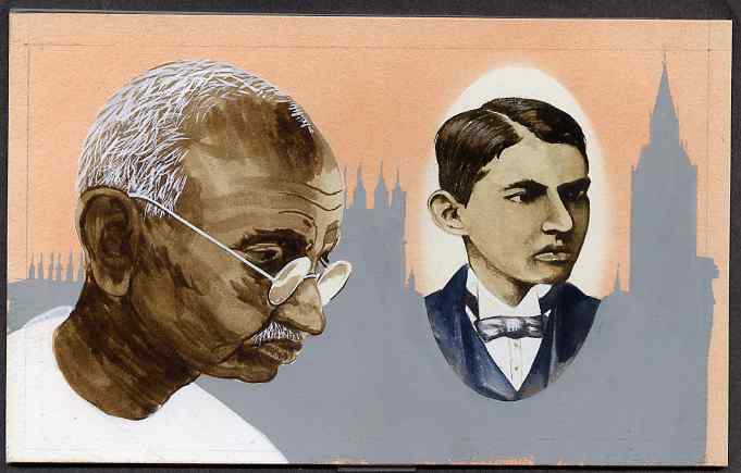 Chad 2009 Mahatma Gandhi original hand-painted artwork for 500F value showing portrait of Gandhi plus him as a Law Student in 1888, on board 7 x 4.5 inches without overla...