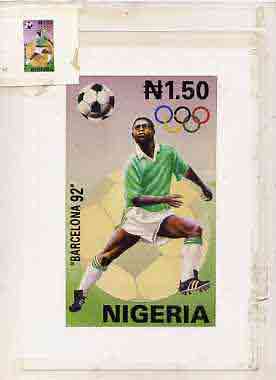 Nigeria 1992 Barcelona Olympic Games (2nd issue) - original hand-painted artwork for N1.50 value (Football) by A Olusola as issued on card 4x7 plus imperf stamp sized machine proof in issued colours on glazed card, stamps on , stamps on  stamps on football   olympics   sport