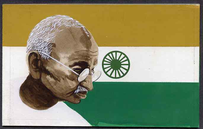 Chad 2009 Mahatma Gandhi original hand-painted artwork for 500F value showing portrait of Gandhi plus Independence Flag of India, on board 7 x 4.5 inches without overlay , stamps on , stamps on  stamps on gandhi    personalities    flags