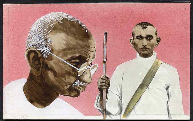 Chad 2009 Mahatma Gandhi original hand-painted artwork for 500F value showing portrait of Gandhi plus him as a Satyagraha in 1906, on board 7 x 4.5 inches without overlay..., stamps on gandhi    personalities    constitutions