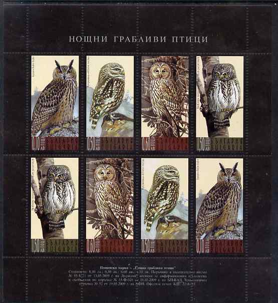 Bulgaria 2009 Owls perf sheetlet containg 2 x strips of 4 values unmounted mint , stamps on birds, stamps on birds of prey, stamps on owls