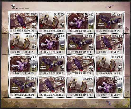 St Thomas & Prince Islands 2009 WWF - Parrots perf sheetlet containing 16 values (4 se-tenant blocks of 4) unmounted mint, stamps on , stamps on  wwf , stamps on birds, stamps on parrots