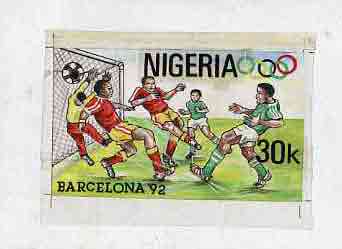 Nigeria 1992 Barcelona Olympic Games (2nd issue) - original hand-painted artwork for 30k value (Football) by Godrick N Osuji on card 7x4 , stamps on , stamps on  stamps on football   olympics   sport