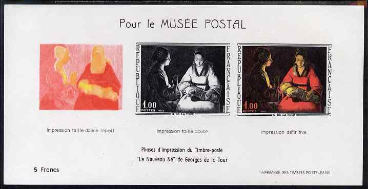 France 1966 French Art - The New Born Child by de La Tour imperf sheetlet containing 3 stages of production specially issued for the Postal Museum, as SG 1711, stamps on , stamps on  stamps on arts, stamps on births, stamps on  stamps on children