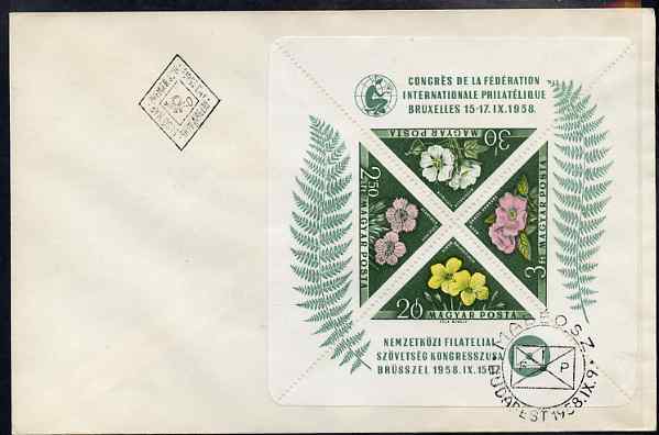 Hungary 1958 International Philatelic Federation Congress - Flowers perf m/sheet containing 4 triangulars on plain cover with first day cancel SG MS 1533a