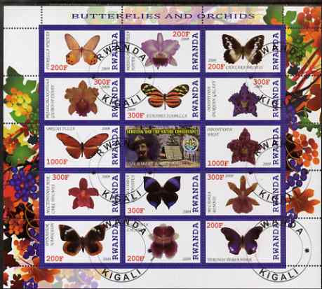Rwanda 2009 Butterflies & Orchids perf sheetlet containing 14 values plus label showing Baden Powell, fine cto used, stamps on , stamps on  stamps on butterflies, stamps on  stamps on scouts, stamps on  stamps on flowers, stamps on  stamps on orchids, stamps on  stamps on grapes