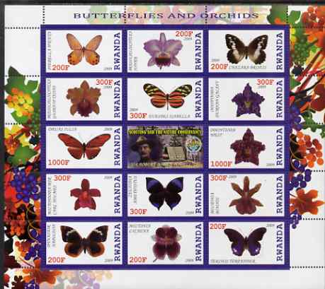 Rwanda 2009 Butterflies & Orchids perf sheetlet containing 14 values plus label showing Baden Powell, unmounted mint, stamps on butterflies, stamps on scouts, stamps on flowers, stamps on orchids, stamps on grapes