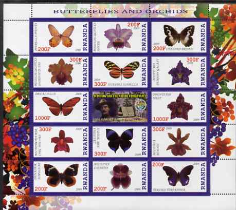 Rwanda 2009 Butterflies & Orchids perf sheetlet containing 14 values plus label showing Baden Powell, unmounted mint, stamps on , stamps on  stamps on butterflies, stamps on  stamps on scouts, stamps on  stamps on flowers, stamps on  stamps on orchids, stamps on  stamps on grapes