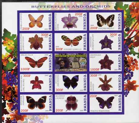 Rwanda 2009 Butterflies & Orchids imperf sheetlet containing 14 values plus label showing Baden Powell, unmounted mint, stamps on , stamps on  stamps on butterflies, stamps on  stamps on scouts, stamps on  stamps on flowers, stamps on  stamps on orchids, stamps on  stamps on grapes