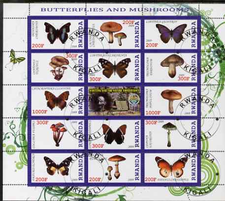 Rwanda 2009 Butterflies & Fungi perf sheetlet containing 14 values plus label showing Baden Powell, fine cto used, stamps on , stamps on  stamps on butterflies, stamps on  stamps on scouts, stamps on  stamps on fungi