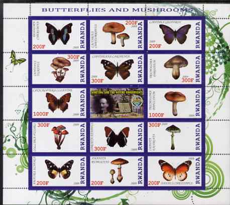 Rwanda 2009 Butterflies & Fungi perf sheetlet containing 14 values plus label showing Baden Powell, unmounted mint, stamps on , stamps on  stamps on butterflies, stamps on  stamps on scouts, stamps on  stamps on fungi