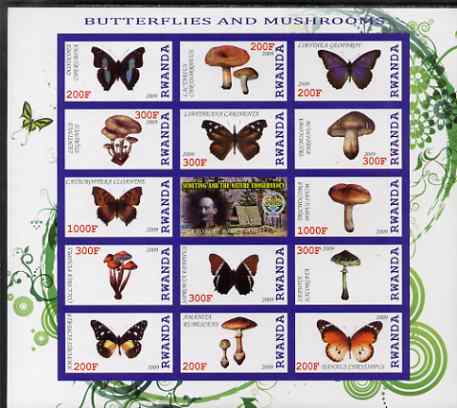 Rwanda 2009 Butterflies & Fungi imperf sheetlet containing 14 values plus label showing Baden Powell, unmounted mint, stamps on , stamps on  stamps on butterflies, stamps on  stamps on scouts, stamps on  stamps on fungi