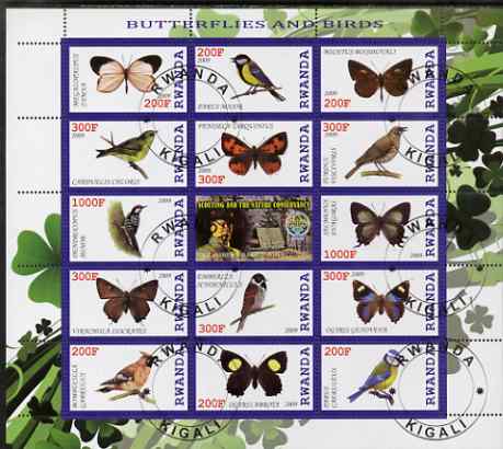 Rwanda 2009 Butterflies & Birds perf sheetlet containing 14 values plus label showing Baden Powell, fine cto used, stamps on , stamps on  stamps on butterflies, stamps on  stamps on scouts, stamps on  stamps on birds