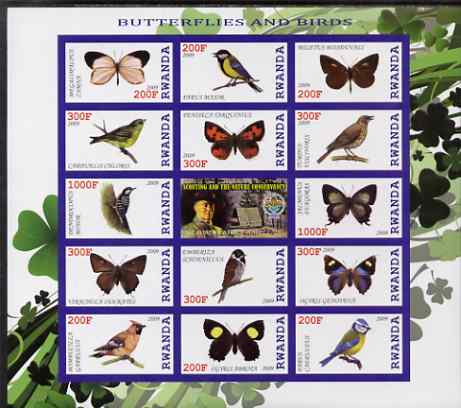 Rwanda 2009 Butterflies & Birds imperf sheetlet containing 14 values plus label showing Baden Powell, unmounted mint, stamps on , stamps on  stamps on butterflies, stamps on  stamps on scouts, stamps on  stamps on birds