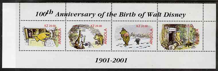 Angola 2001 Birth Centenary of Walt Disney perf sheetlet containing 4 values (Winnie the Pooh) unmounted mint. Note this item is privately produced and is offered purely on its thematic appeal, stamps on , stamps on  stamps on personalities, stamps on  stamps on films, stamps on  stamps on cinema, stamps on  stamps on movies, stamps on  stamps on bears, stamps on  stamps on disney